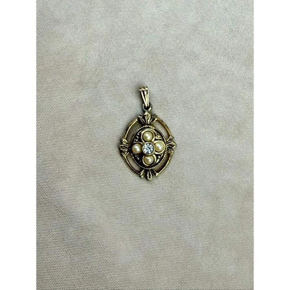 Vintage Faux Seed Pearls Rhinestone Gold Tone Pendant Victorian Style